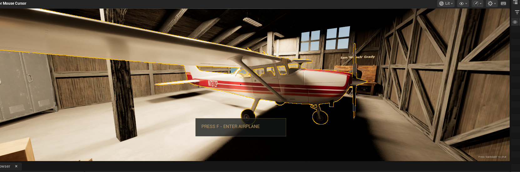 A red-and-white high-wing aircraft inside a wooden hangar in a development build