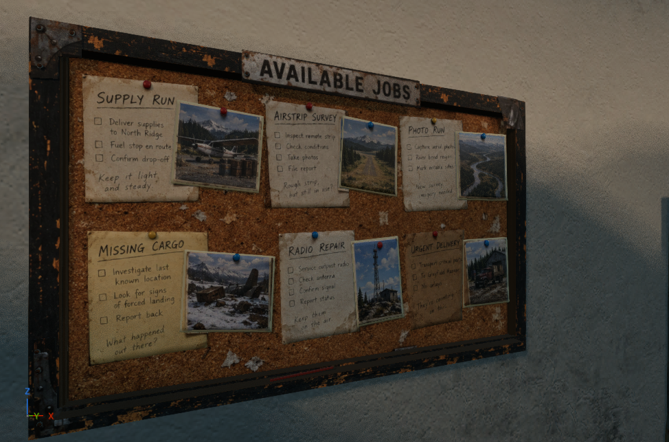 An in-game cork mission board with supply run, airstrip survey, photo run, missing cargo, radio repair, and urgent delivery notices
