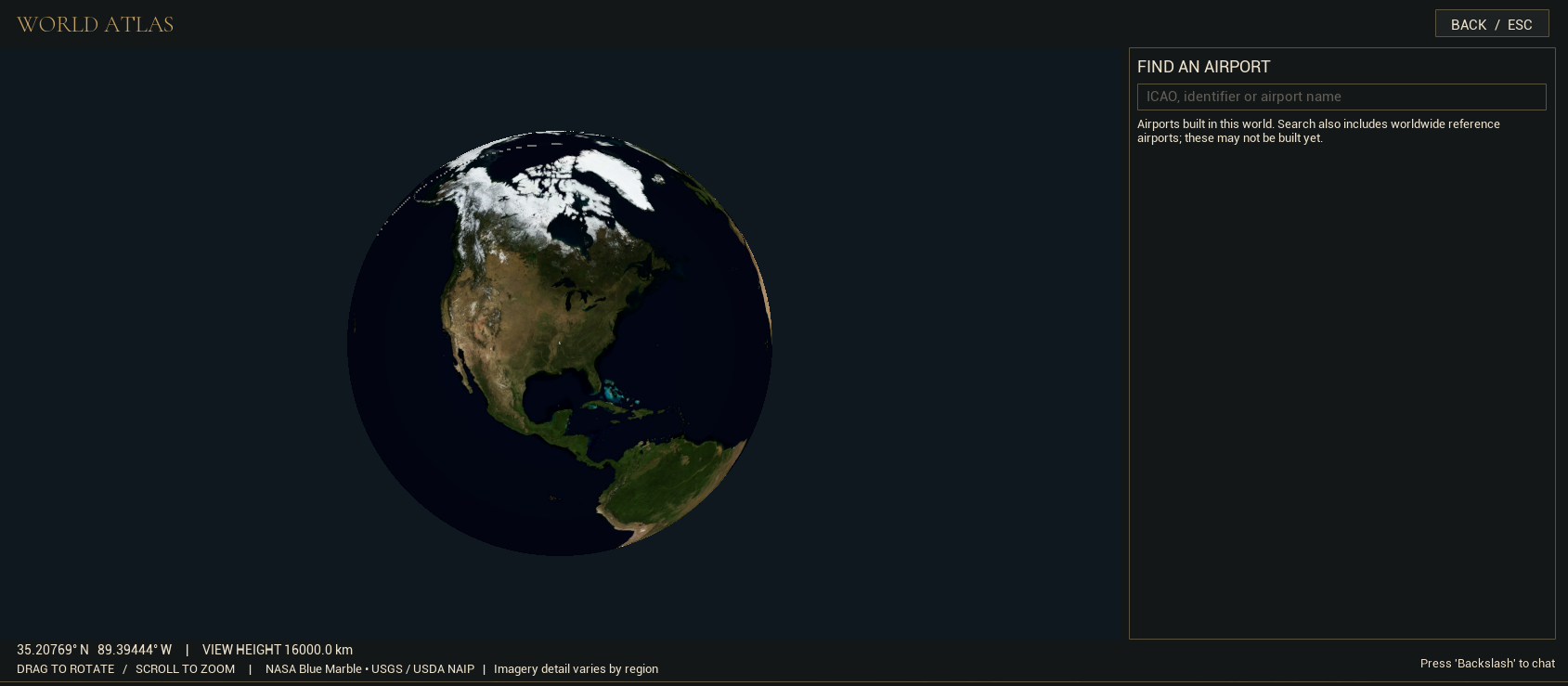 Development world atlas showing a globe centered on North America with an airport search panel